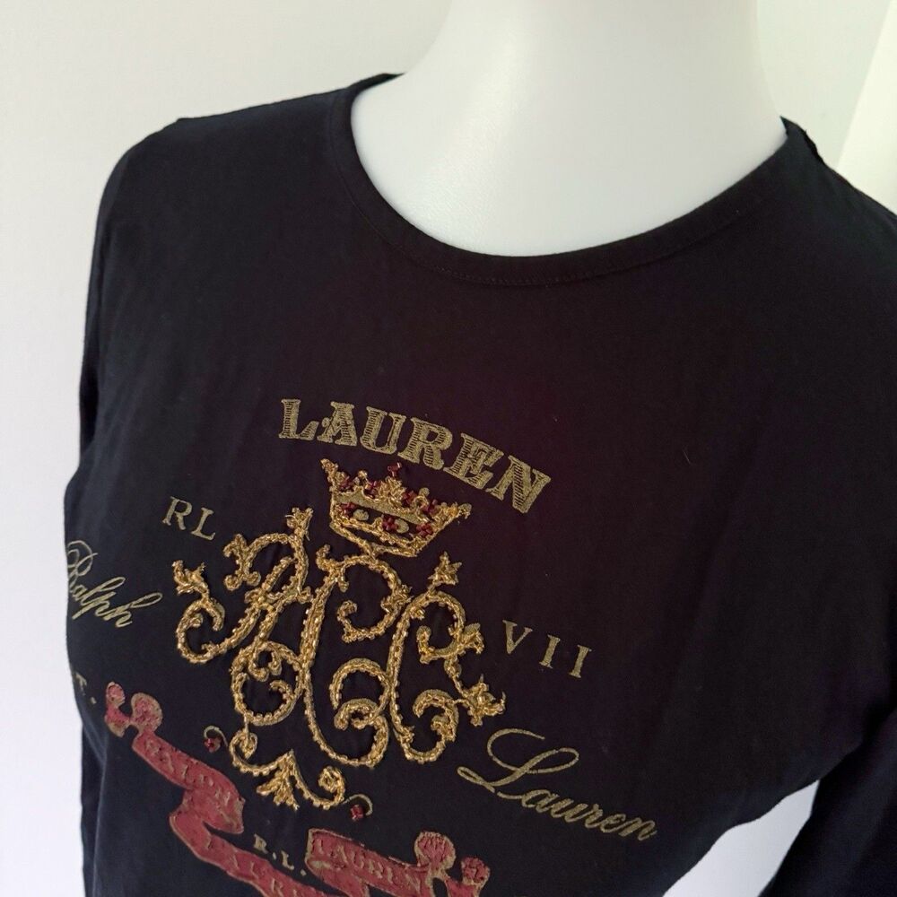 Women's Lauren Ralph Lauren RL Crest Logo Monogram Tee Shirt Black Size M Medium - Picture 10 of 14